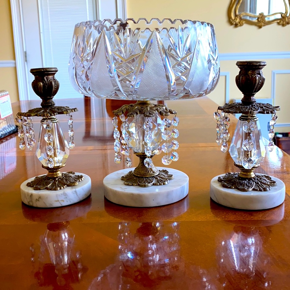 Marble and Crystal Candy Dish and Candle Holders - Picture 1 of 6
